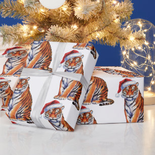 Papier Cadeau Tigre Branché avec Chapeau de Père Noël Noël