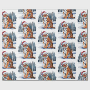 Papier Cadeau Tigre Branché avec Chapeau de Père Noël Noël