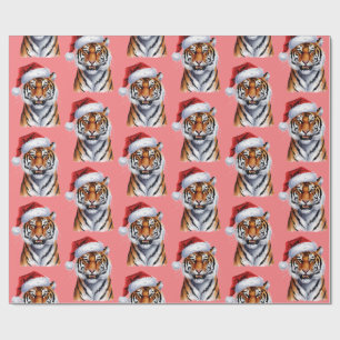 Papier Cadeau Tigre branché avec chapeau de Père Noël Noël rose