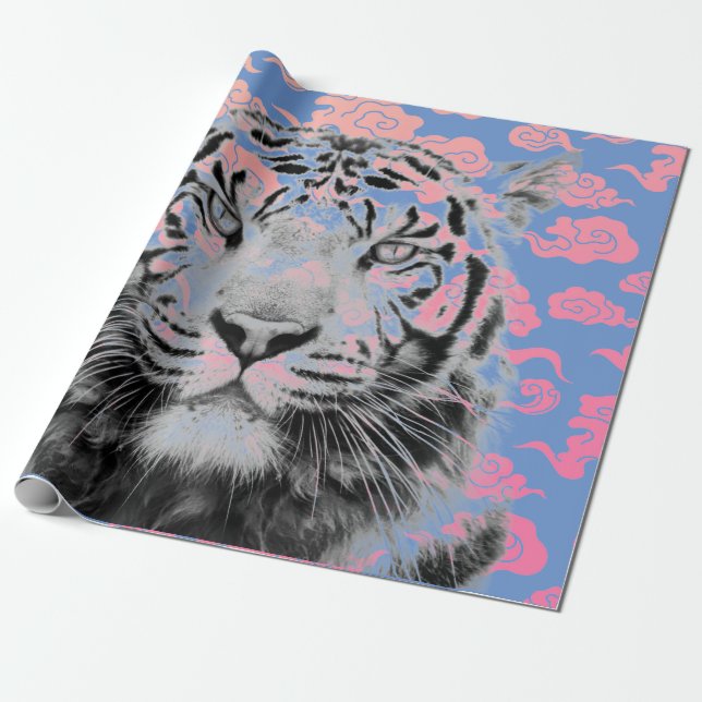 PAPIER CADEAU TIGRE DE CADEAU EN ÉPAISSEMENT AVEC NUAGES JAPONAI (Déroulé)