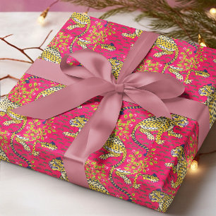 Papier Cadeau Tigre Jaune Sur Floral arrière - plan Rose
