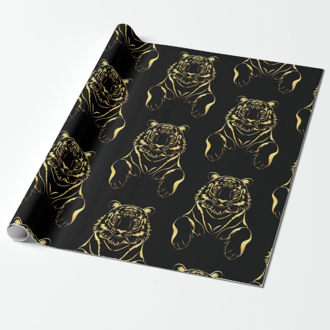 Papier Cadeau Tigre noir à rayures dorées (Déroulé)