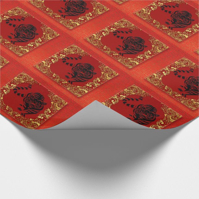 Papier Cadeau Tigre noir chinois Zodiac animal rouge et or (Coin)