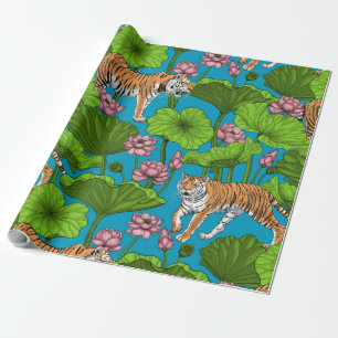 Papier Cadeau Tigres dans l'étang rose lotus