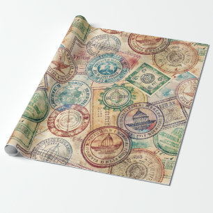 Papier Cadeau Timbre de passeport rustique motif voyage (1)