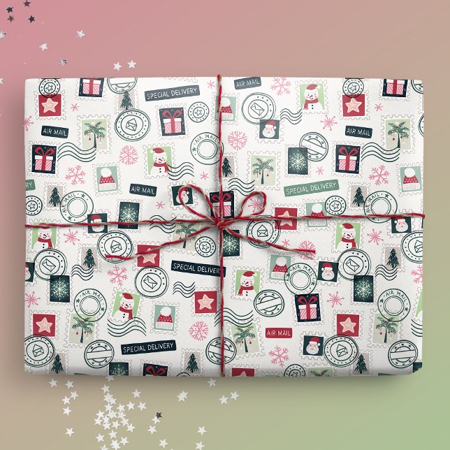 Papier Cadeau Timbres illustrées de courrier de Noël (Gift Mockup)