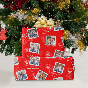 Papier Cadeau Timbres Poscènes Famille de Noël Photos Rouge