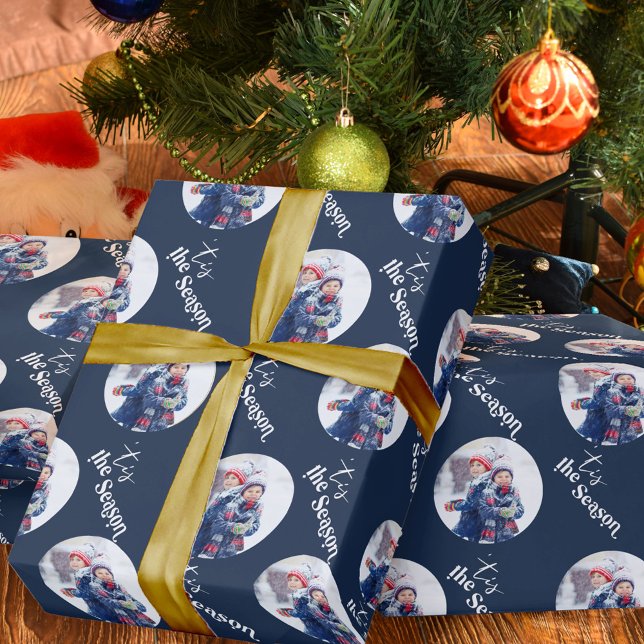 Papier Cadeau Tis Season Elegant Typographie Round Photo Blue (Créateur téléchargé)