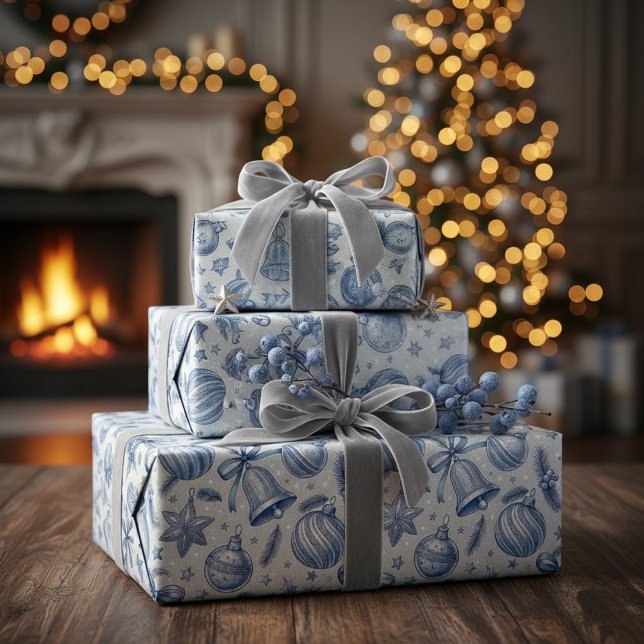Papier Cadeau Toile Bleue Ornements de Noël sans couture (Créateur téléchargé)