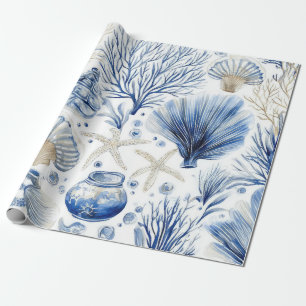 Papier Cadeau Toile Côtière Bleue Motif Corail Coquillage (3)