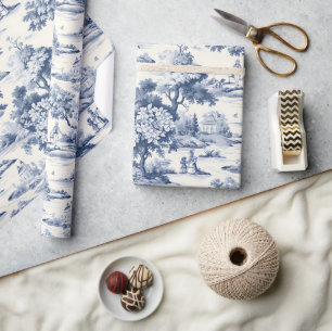 Papier Cadeau Toile de jouy, bleu et blanc, porcelaine,