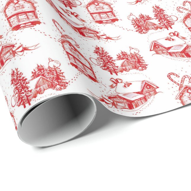 Papier Cadeau Toile de Noël neige | rouleau simple rouge  (Coin rond)