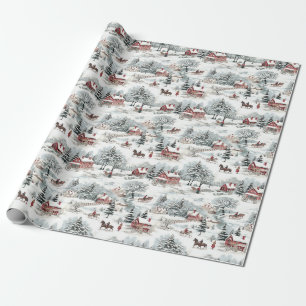 Papier Cadeau Toile de Noël Village Paysage Maison de vacances A