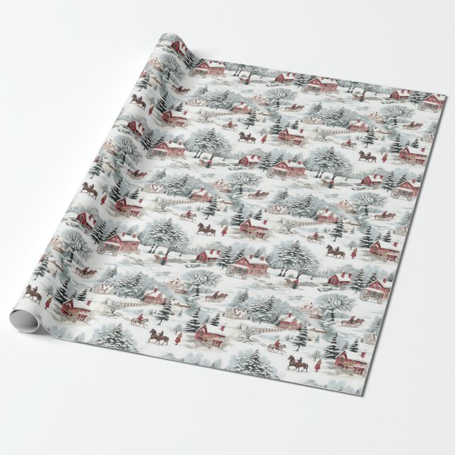 Papier Cadeau Toile de Noël Village Paysage Maison de vacances A (Déroulé)