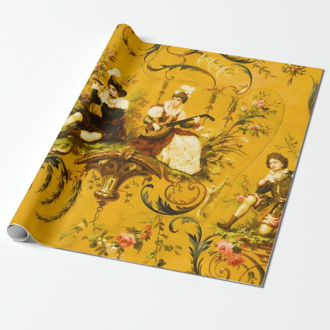 Papier Cadeau Toile Jaune Antique Française Découpage Victorienn (Déroulé)
