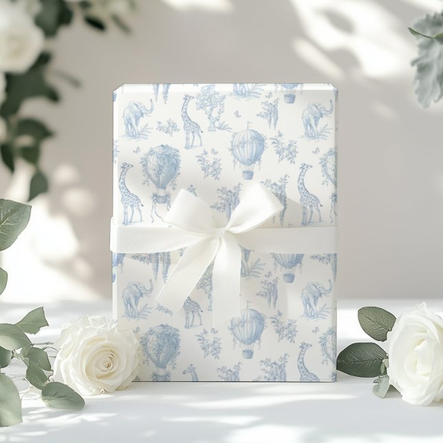 Papier Cadeau Toile Safari animaux Bleu Ballons à air chaud (Créateur téléchargé)