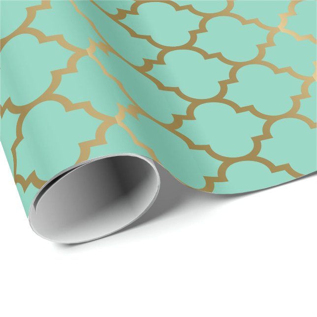 Papier Cadeau Tons Mint Et Or Quatrefoil Motif (Coin rond)