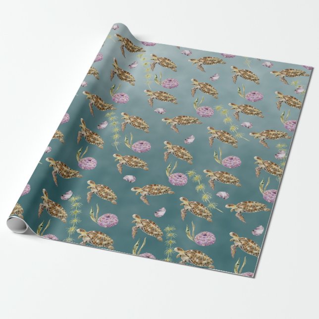 Papier Cadeau Tortue De Mer Sous Une Mer Profonde Et Verte (Déroulé)