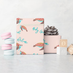 Papier Cadeau Tortues de mer Bébé Fille Rose Texte personnalisé