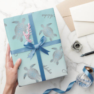 Papier Cadeau Tortues de mer turquoise argenté Aloha côtier 