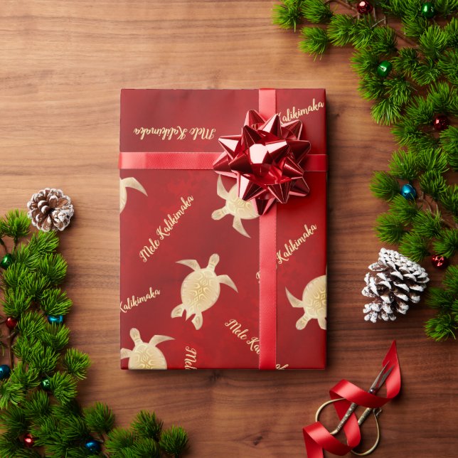 Papier Cadeau Tortues d'or Rouge | Mele Kalikimaka | Noël (Cadeau de vacances)