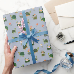Papier Cadeau Tortues & nénuphars sur fond bleu clair