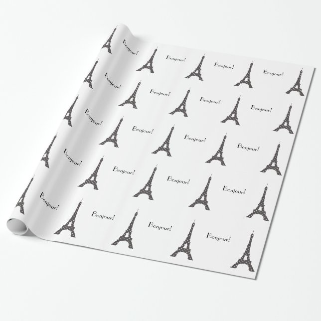 Papier Cadeau Tour Eiffel français noir et blanc de pois (Déroulé)