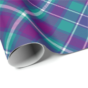 Papier Cadeau Tourbé vert de mer, violet et bleu Tartan