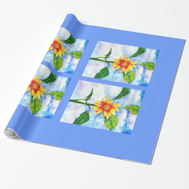 Papier Cadeau Tournesol aquarelle peinture jaune orangé floral (Déroulé)