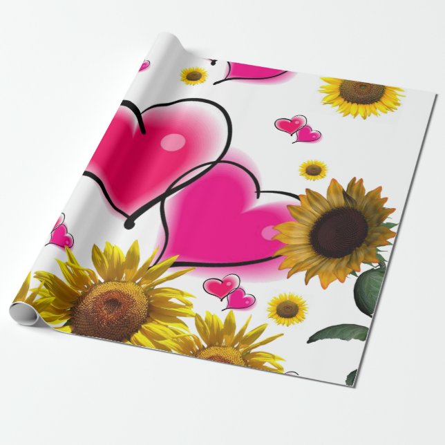 Papier Cadeau Tournesol Coeurs roses Papier d'enveloppement de m (Déroulé)