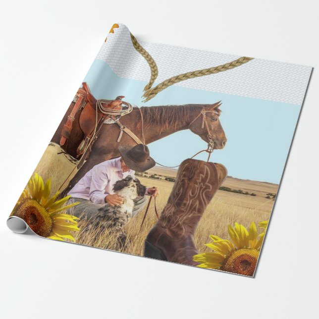 Papier Cadeau Tournesol Cowboy Papier d'enveloppement de matte (Déroulé)