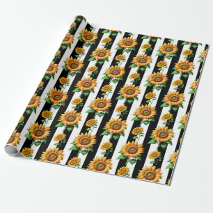 Papier Cadeau Tournesol Floral noir blanc rayures