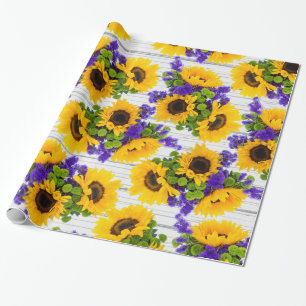 Papier Cadeau Tournesol jaune pourpre en bois blanc rustique de