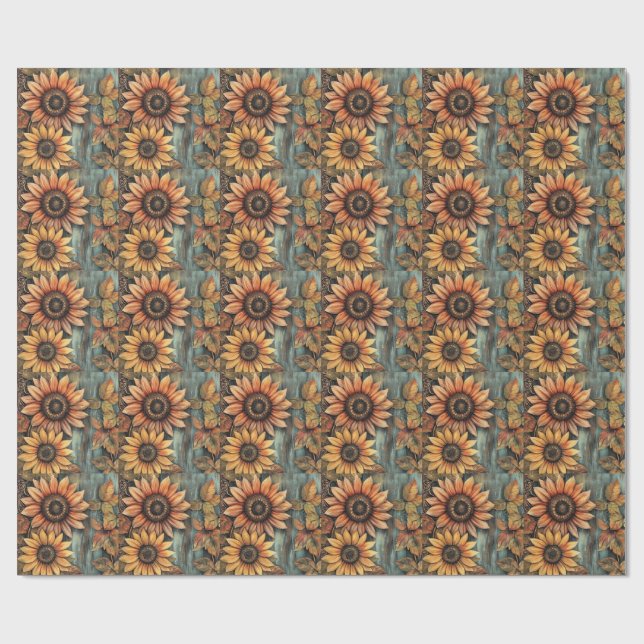 Papier Cadeau Tournesols Automne Feuilles Médias Mixtes (Plat)