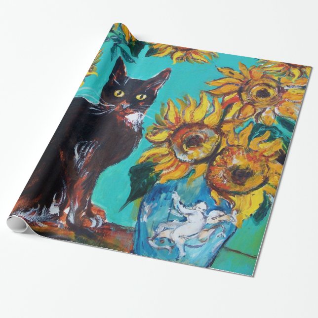 PAPIER CADEAU TOURNESOLS AVEC CHAT NOIR EN BLEU TURQUOISE (Déroulé)