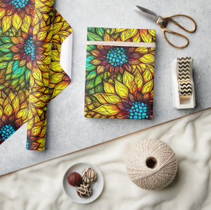 Papier Cadeau Tournesols Élégants Motif de Faux Vitrail