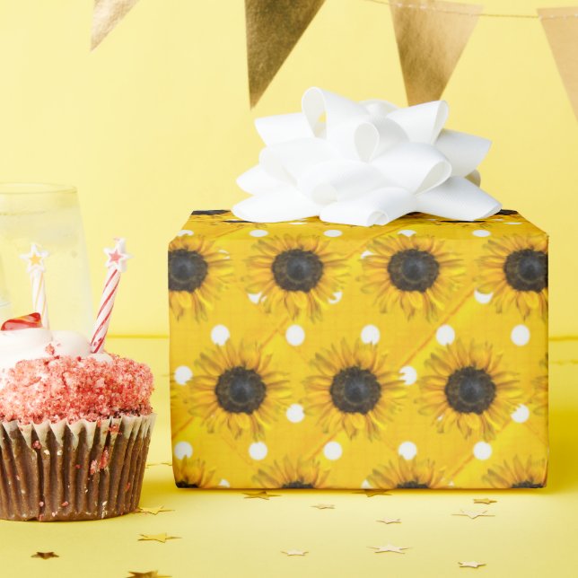 Papier Cadeau tournesols en pois (Fête d'anniversaire)