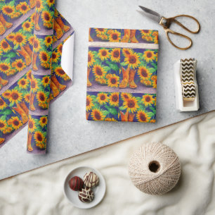 Papier Cadeau Tournesols et bottes Motif carrelé