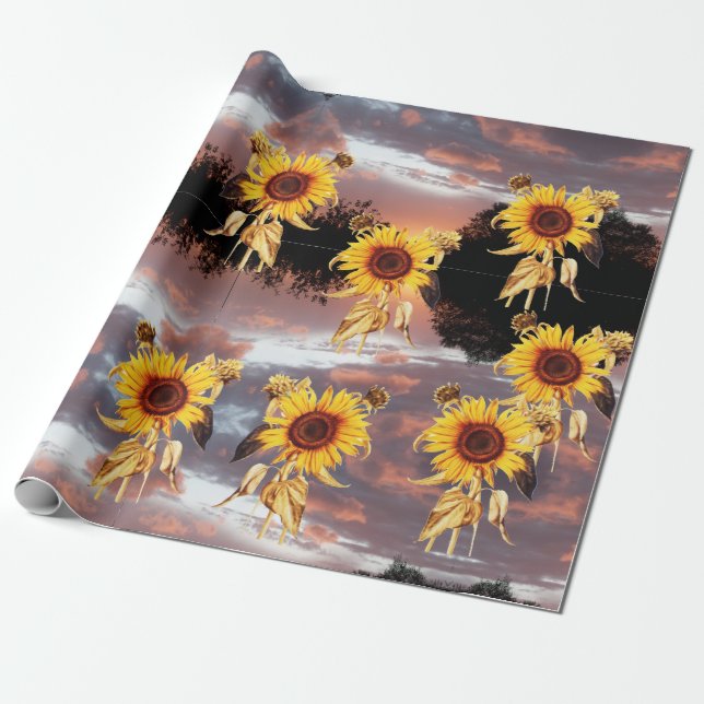 PAPIER CADEAU TOURNESOLS ET COUCHER DE SOLEIL D'ÉTÉ (Déroulé)