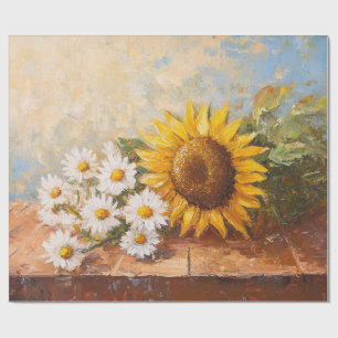 Papier Cadeau Tournesols et marguerites sur table rustique décou