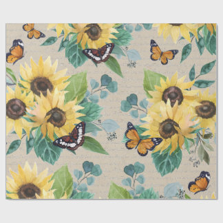 Papier Cadeau Tournesols et papillons en découpage aquarelle