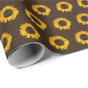 Papier Cadeau tournesols jaunes sur fond marron
