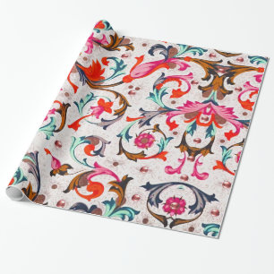 PAPIER CADEAU TOURNURES FLEURALES ROUGES DE LA RENAISSANCE FLORE