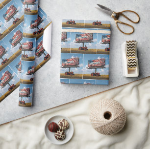 Papier Cadeau Tracteur agricole rétro sous un panneau publicitai