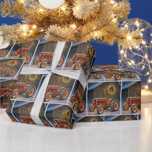 Papier Cadeau Tracteur agricole rouge de Noël avec une couronne