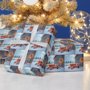 Papier Cadeau Tracteur agricole rouge de Noël dans la neige