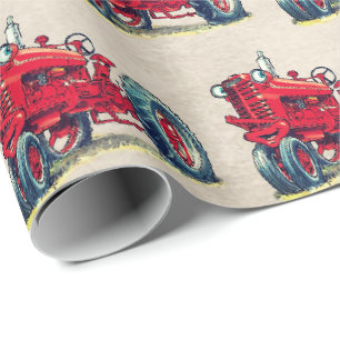 Papier Cadeau Tracteur de ferme rouge avec des boules d'yeux