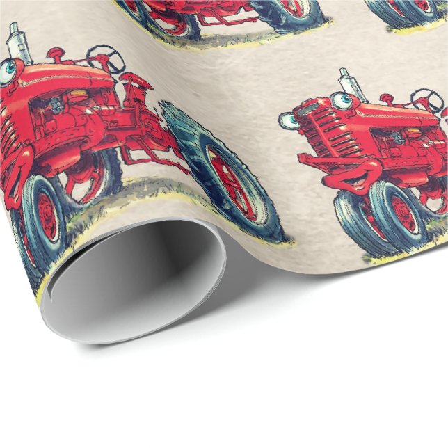 Papier Cadeau Tracteur de ferme rouge avec des boules d'yeux (Coin rond)