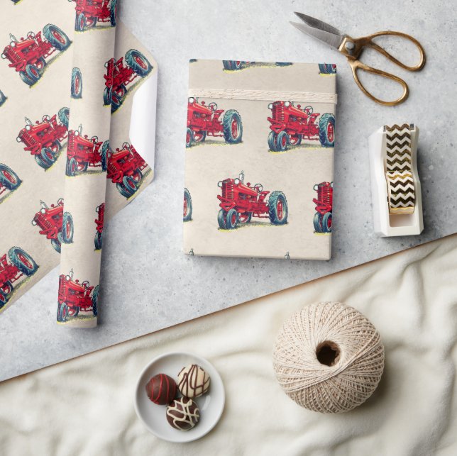 Papier Cadeau Tracteur de ferme rouge rétro (Artisanat)