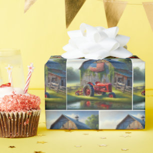 Papier Cadeau Tracteur Red Farm Avec Grange Patriotique